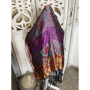 Vintage Colorful Taj Mahal WWII Silk Piano Shawl Scarf Fringe 31in X 31in